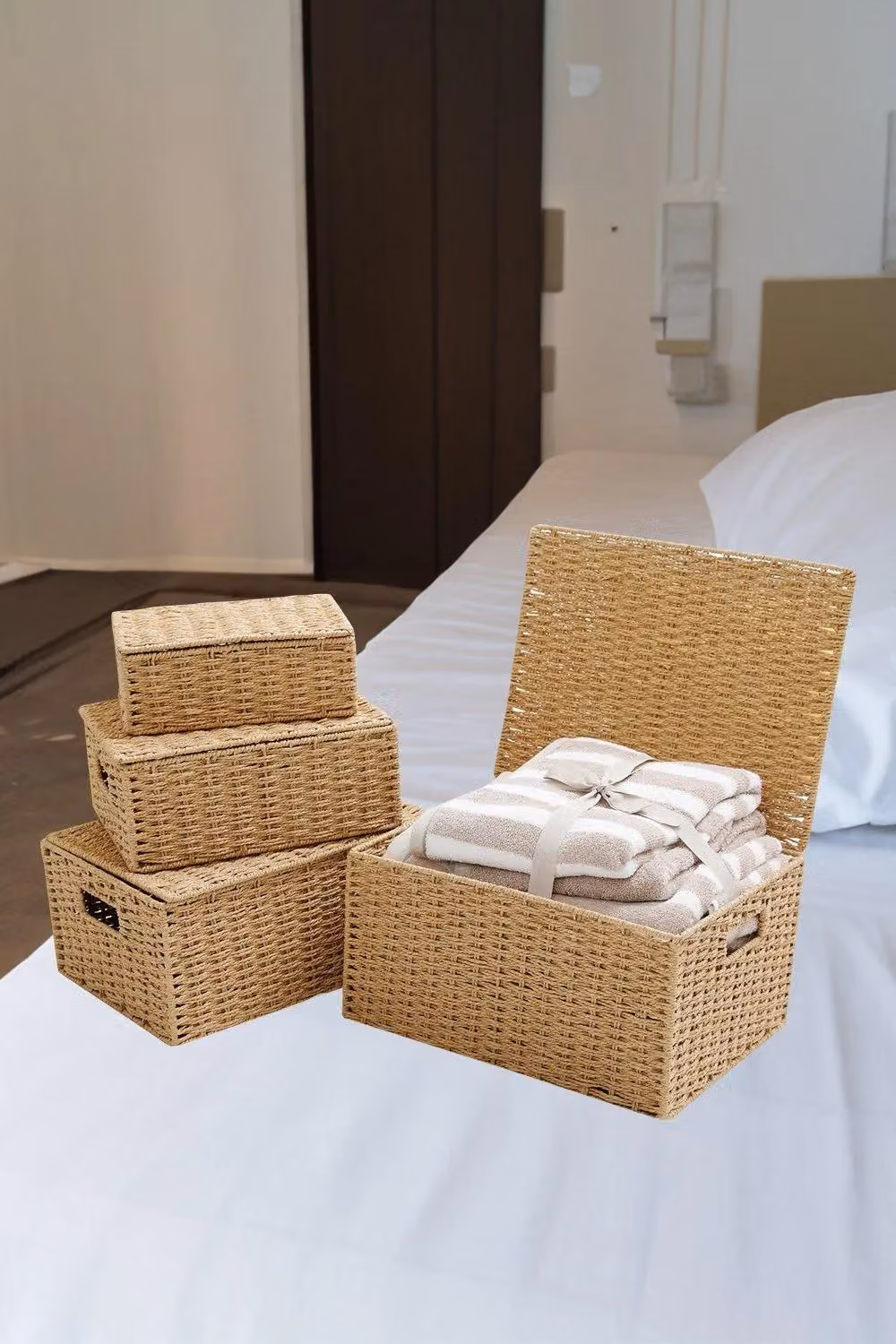 Arpan Storage Basket Hamper Set of 4 in White and Beige with Lids and Insert Handles – 3
