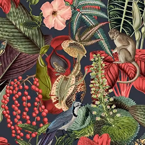 Grandeco Jungle Fever Amazon JF2201 Washable Vinyl Wallpaper in Petrol, Pink and Multicolour Botanical Nature Design