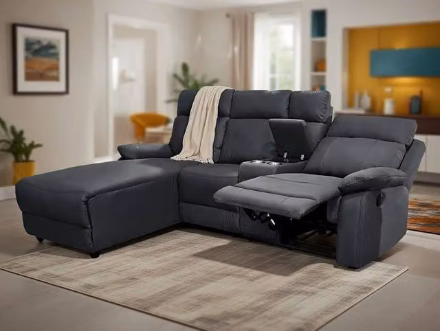 DS Living Sorento Right Hand Corner 3 Seater Leather Sofa in Black with Motorised Recline and Cup Holders – 1