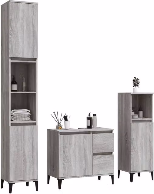 Berkfield Home Modern 3 Piece Grey Bathroom Cabinet Set with Vanity and Tall Unit