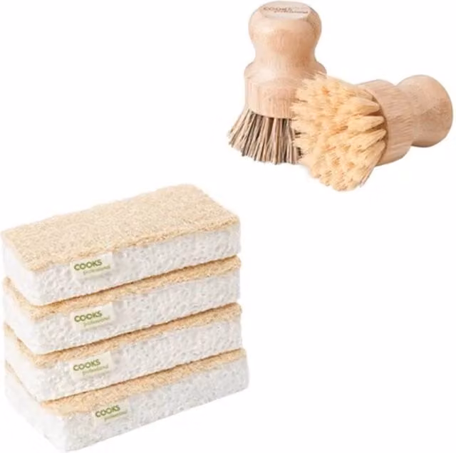 Cooks Professional Set of 4 Natural Scourer Sponges and 2 Bamboo Pot Brushes, Brown – 1