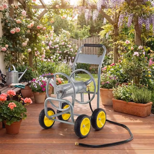 Costway Silver Metal 4-Wheel Garden Hose Reel Cart and Water Hose Organiser – 1