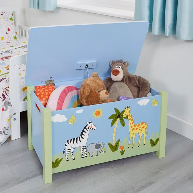 Liberty House Toys Kids Safari Wooden Toy Box with Soft Close Lid, Multicoloured