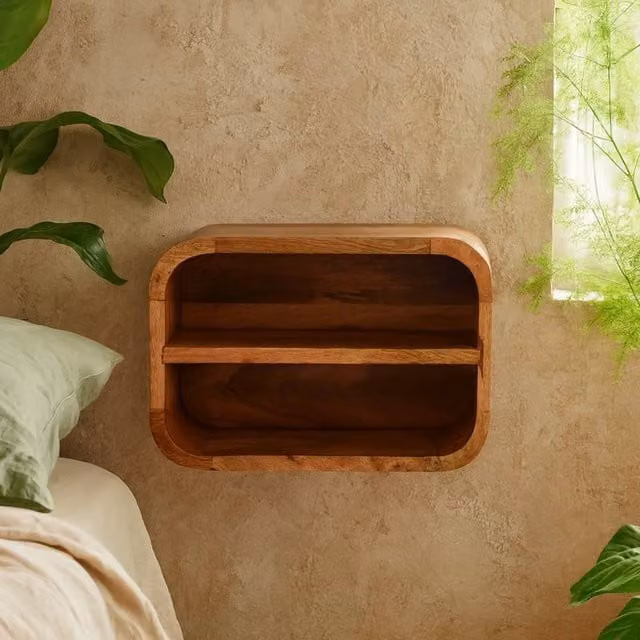 Wyld Haus Assisi Brown Oak and Mango Wood Floating Bedside Shelf, Wall Mounted, W/D/H: 25 x 25 x 2 cm – 1