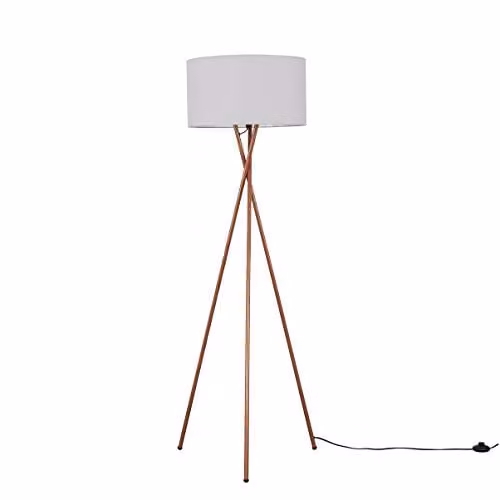 MiniSun Modern Copper Metal Tripod Floor Lamp with Grey Fabric Cylinder Shade – 1