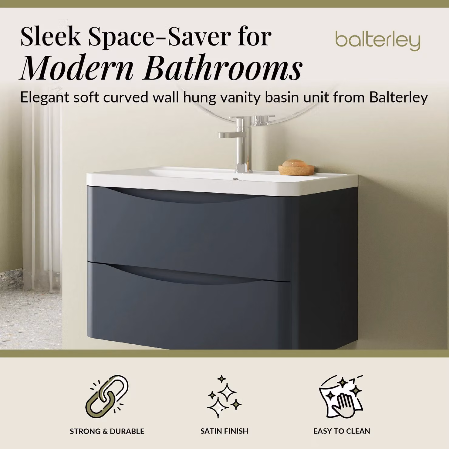 Balterley Wall Hung 2 Drawer Bathroom Vanity Unit and Basin, Dark Grey, Width: 75.5 cm – 2