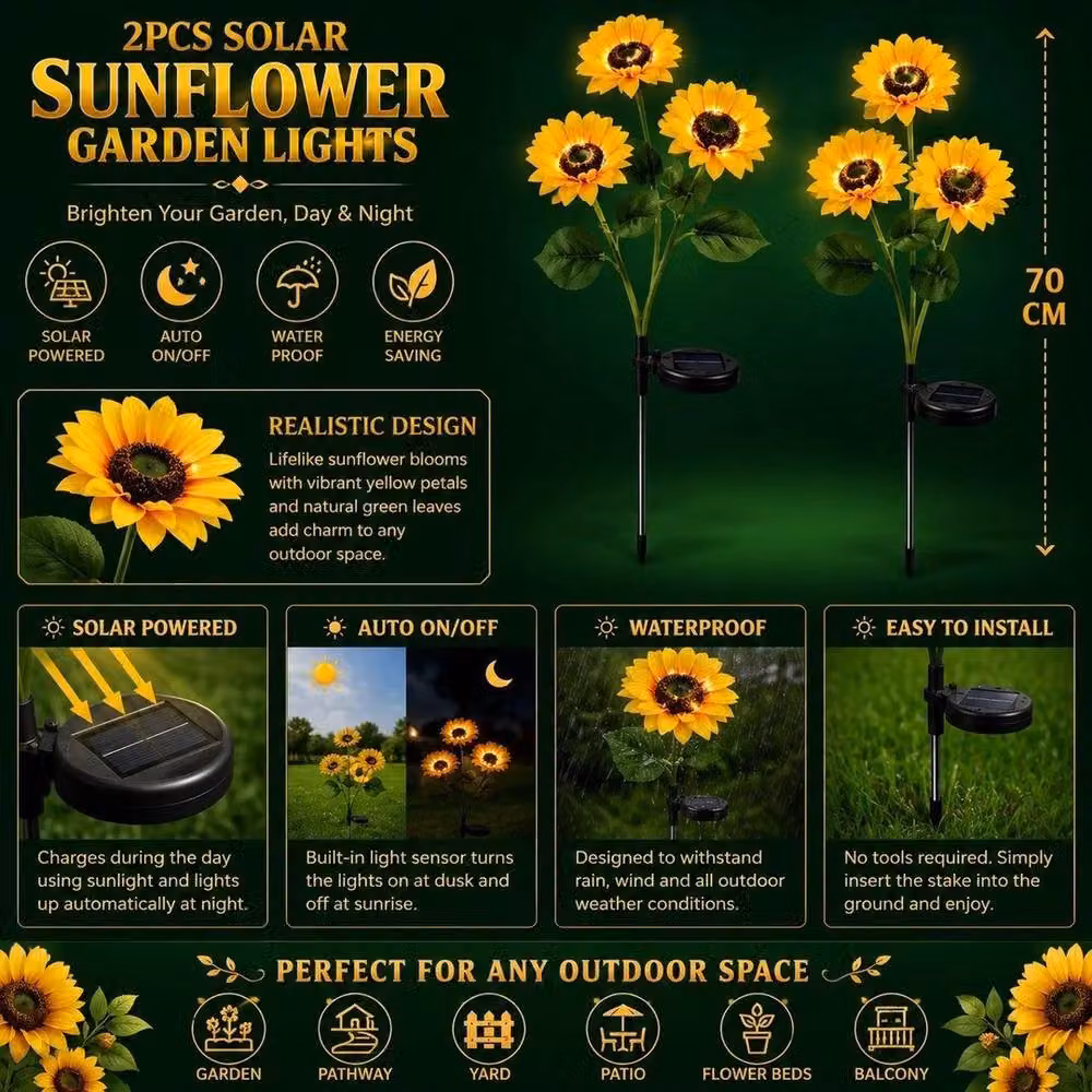 FLAVORA 2 Pack Yellow Sunflower Solar LED Garden Lights with Dusk Sensor and Ground Spike – 3