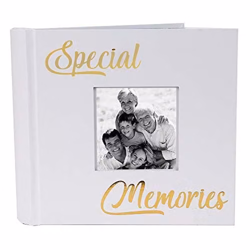 Happy Homewares Modern Special Memories Photo Album in White with Gold Foil Text, Holds 80 4x6 Pictures, W/D/H: 21.59 x 21.59 x 3.81 cm