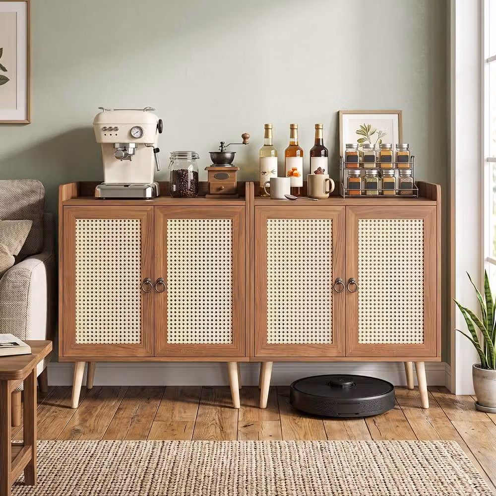 Costway Brown Rattan Sideboard Buffet Cabinet with Adjustable Shelf and Metal Accents – 4