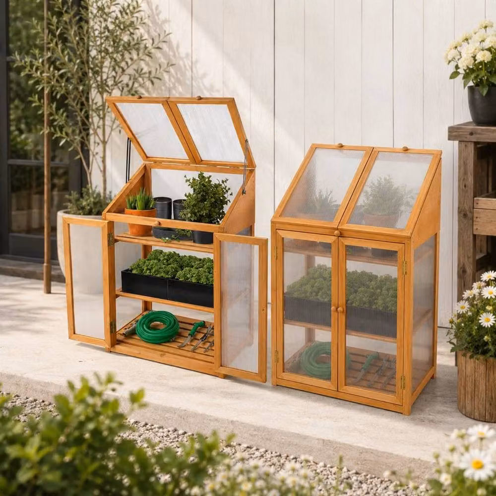 FLAVORA 2-Shelf Outdoor Garden Plant Growing Shelter in Brown, W: 100 cm, D: 60 cm, H: 120 cm – 2