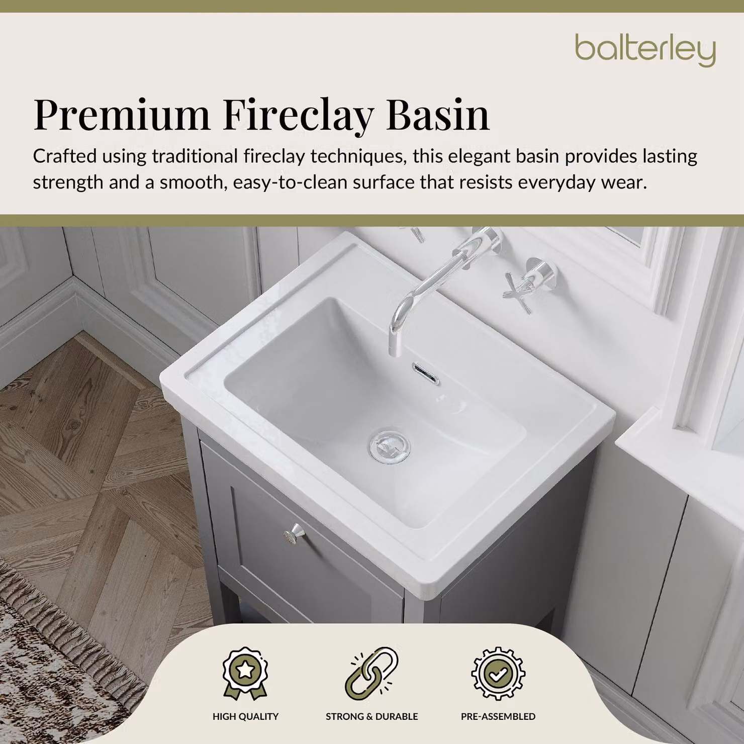 Balterley Bathroom Floor 1 Drawer Vanity and 0 Tap Hole Basin, Cool Grey, W: 53.1 cm – 2