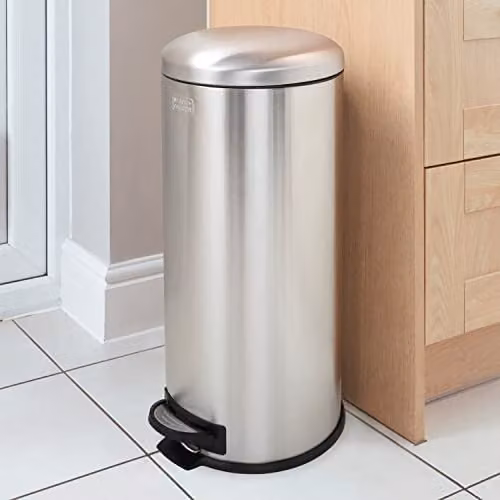 Black+Decker 30 Litre Stainless Steel Dome Kitchen Pedal Bin with Soft Close Lid and Removable Inner Bucket in Silver