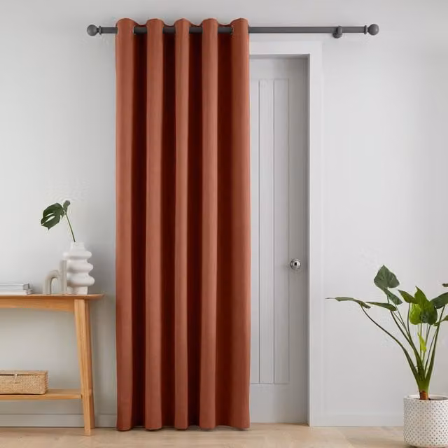 Catherine Lansfield Wilson Velvet Thermal Ready Made Eyelet Door Curtain, Orange