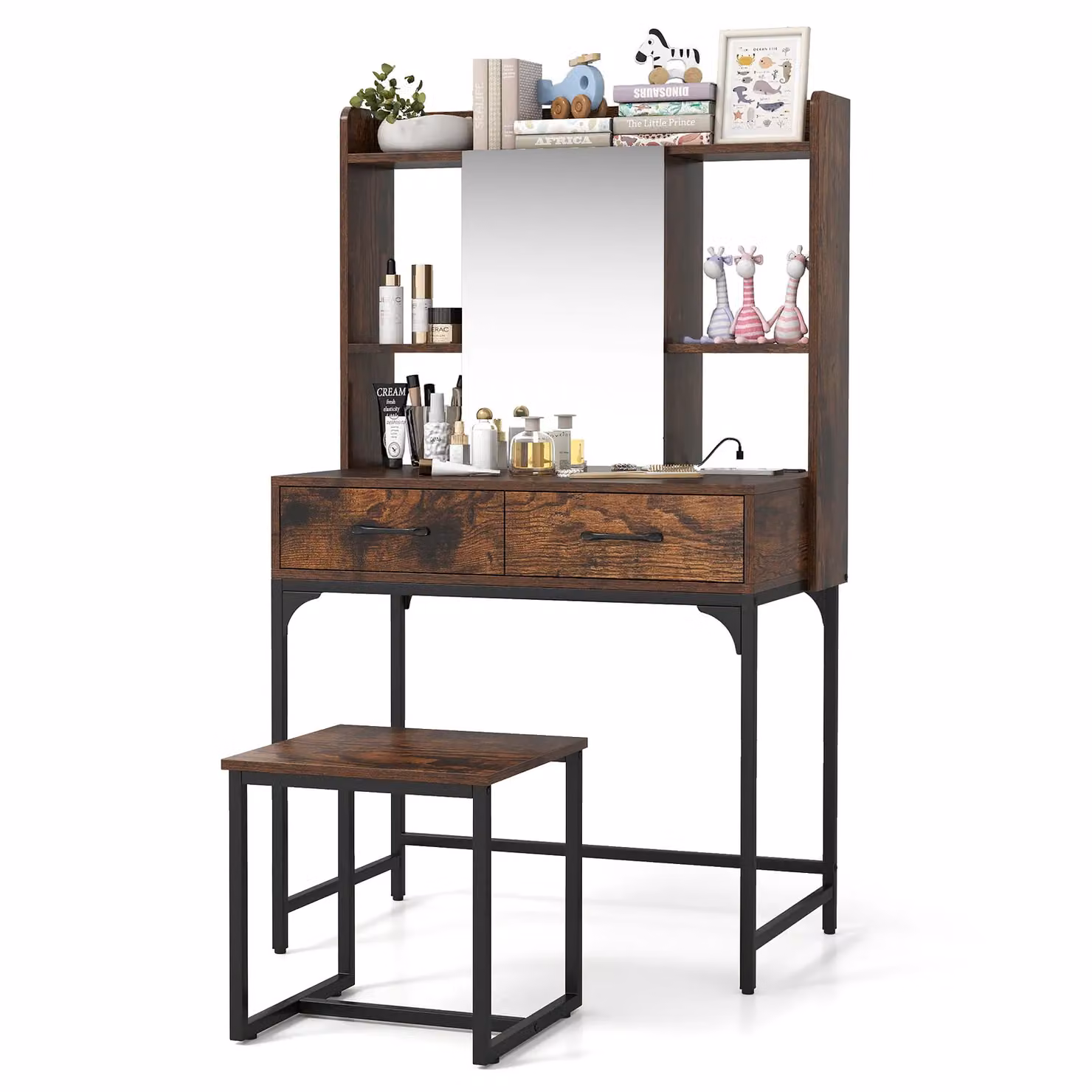 Costway Modern Wide Makeup Dressing Table with Power Outlets in Brown – 6