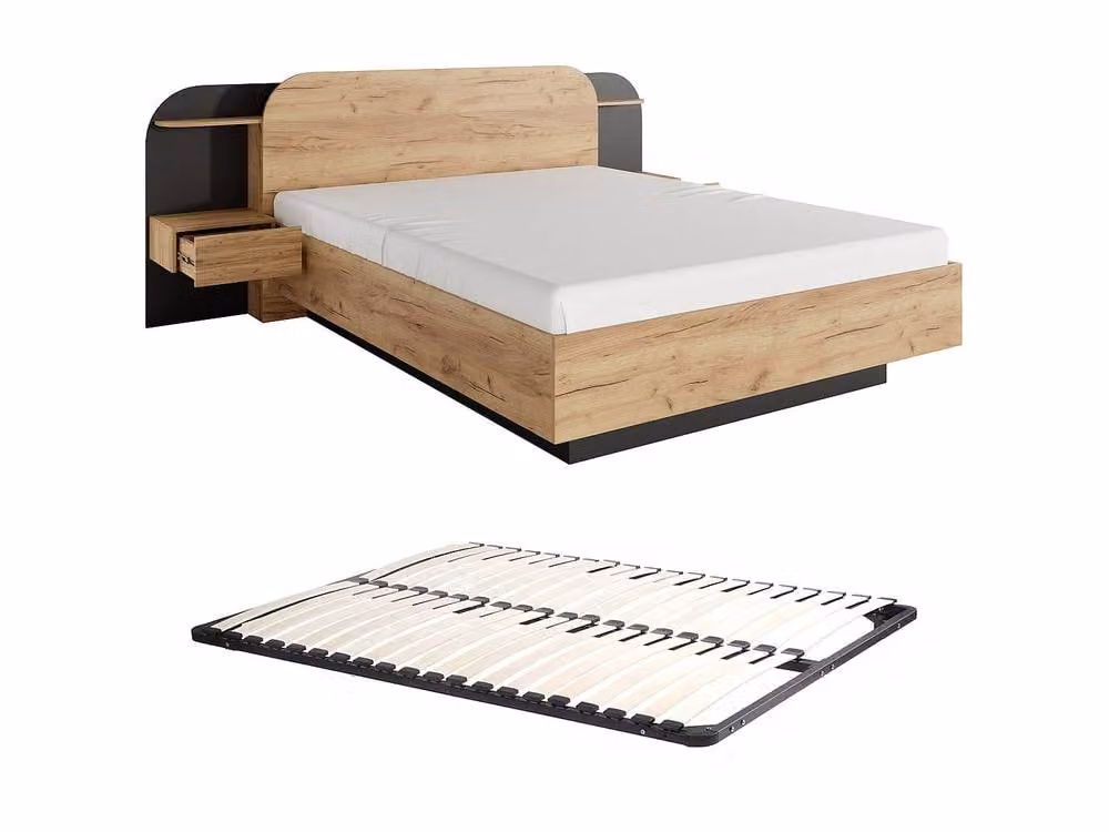 JUVISIA Modern Double Bed Frame with Bedside Shelves and Under-bed LED Lighting, Black and Brown, W/D/H: 160 x 200 x 223 cm – 2