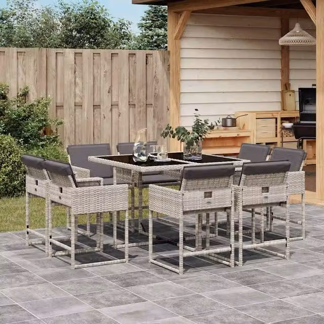 Berkfield Home 9 Piece Garden Dining Set with Light Grey Poly Rattan Cushions