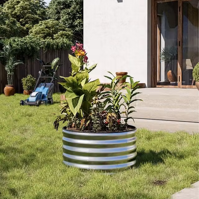 Lifeideas Round Metal Raised Garden Bed in Silver, Height: 40 cm