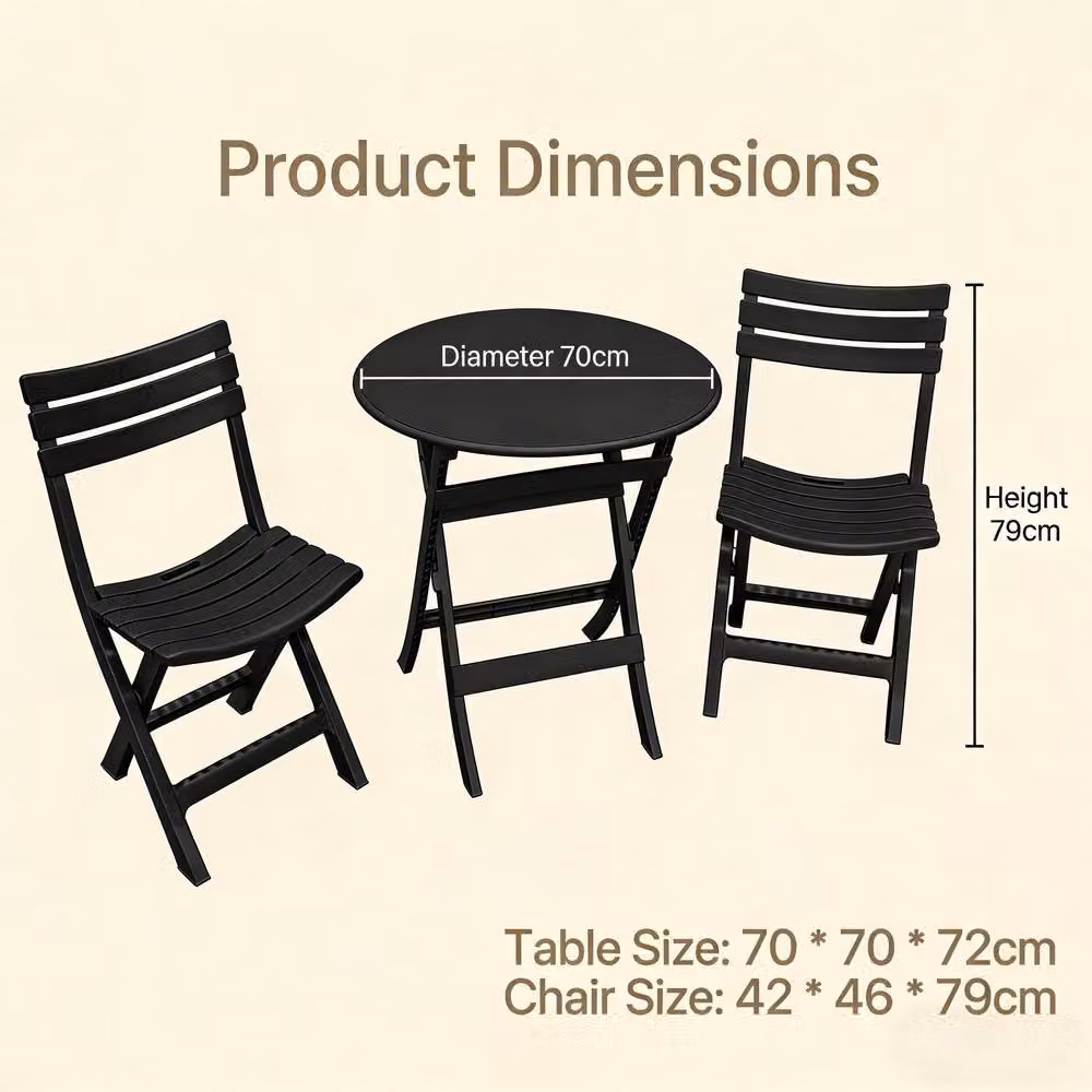 Alivio 3-Piece Folding Bistro Set with Round Table and 2 Chairs in Matt Black Metal – 5