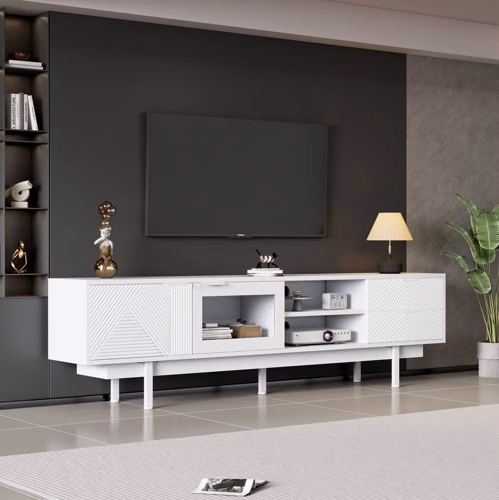 STILVORA Modern White Matt TV Stand with 2 Doors, 2 Drawers, Shelves and Grommet, Width: 200 cm – 2