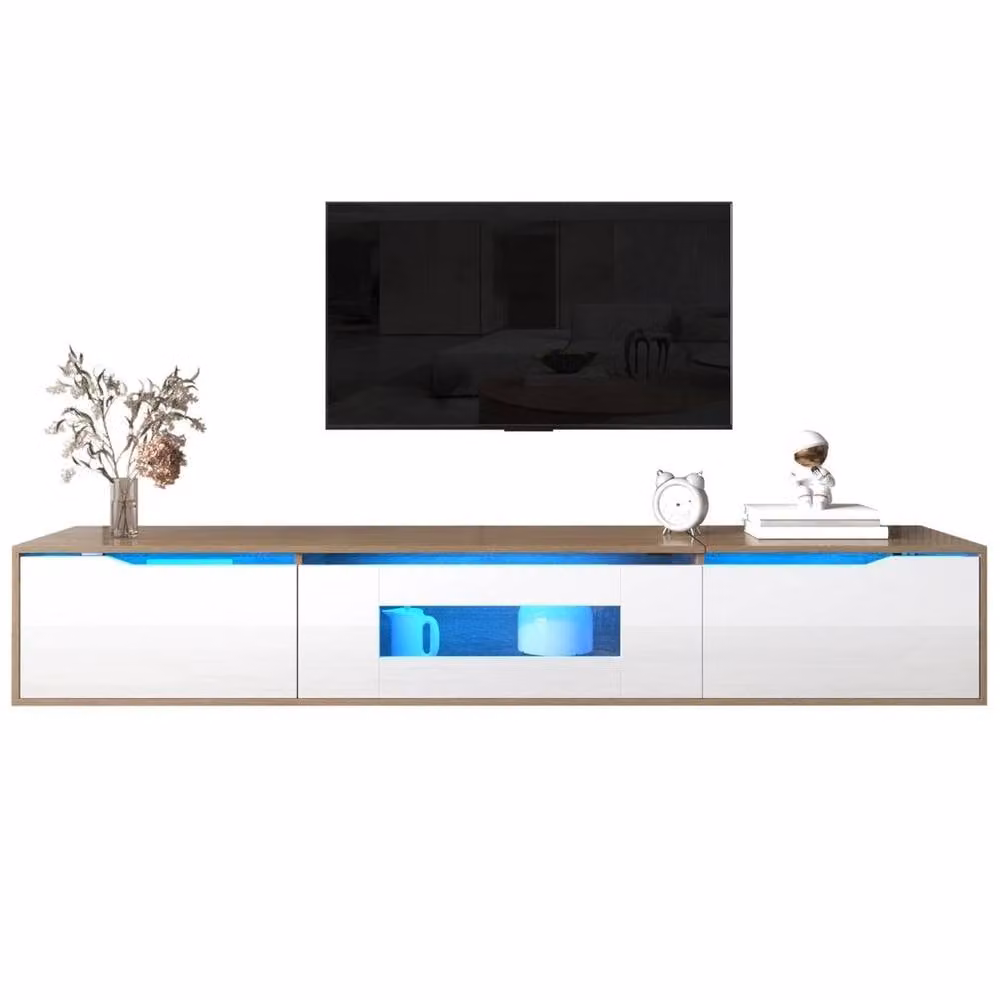 KORVIXA Modern Wall Mounted Floating TV Stand in White with Integrated Lighting, W/D/H: 180 x 35 x 30 cm – 1