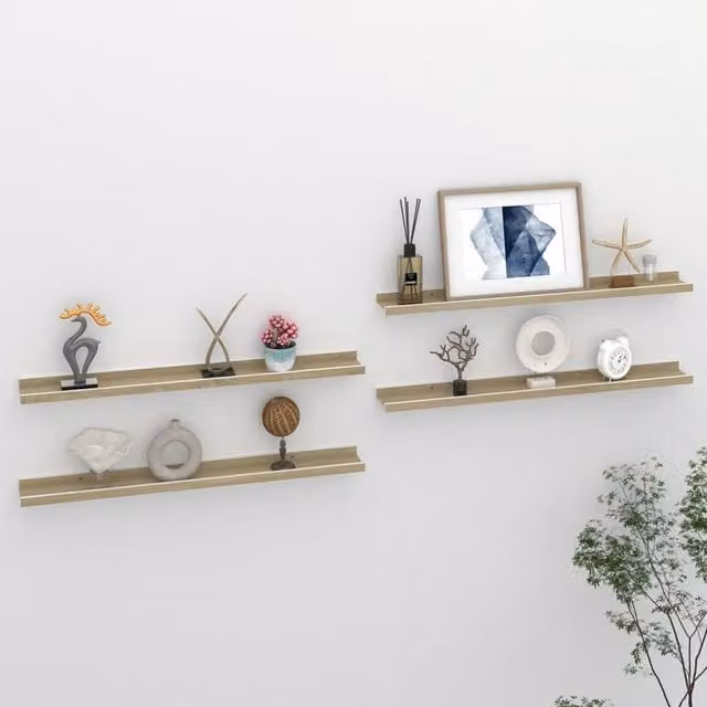 Berkfield Home Wall Mounted Shelves, 4 Piece Set in White and Sonoma Oak, W: 80 cm, D: 9 cm, H: 3 cm