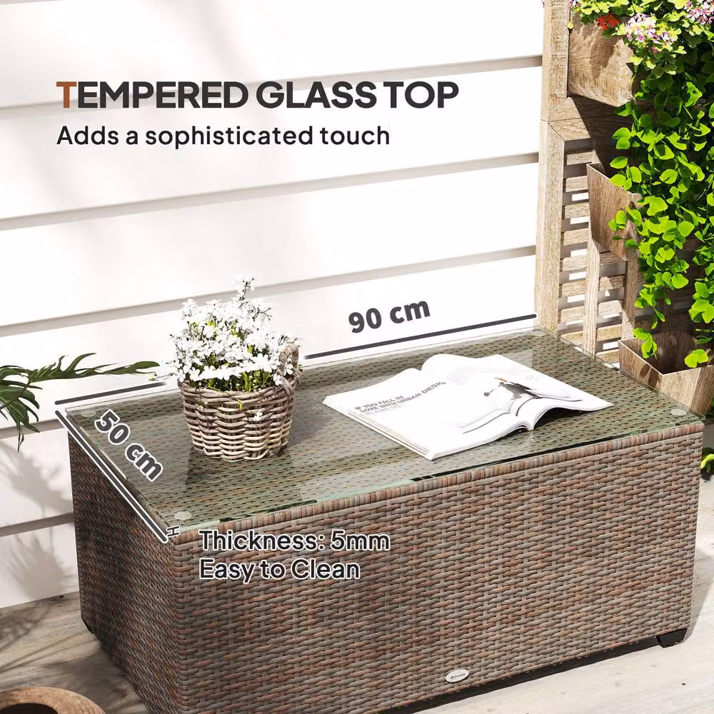 ERGOVEXA Brown Polyrattan Side Table with Glass Top for Garden and Terrace, W: 90 cm, D: 50 cm – 6
