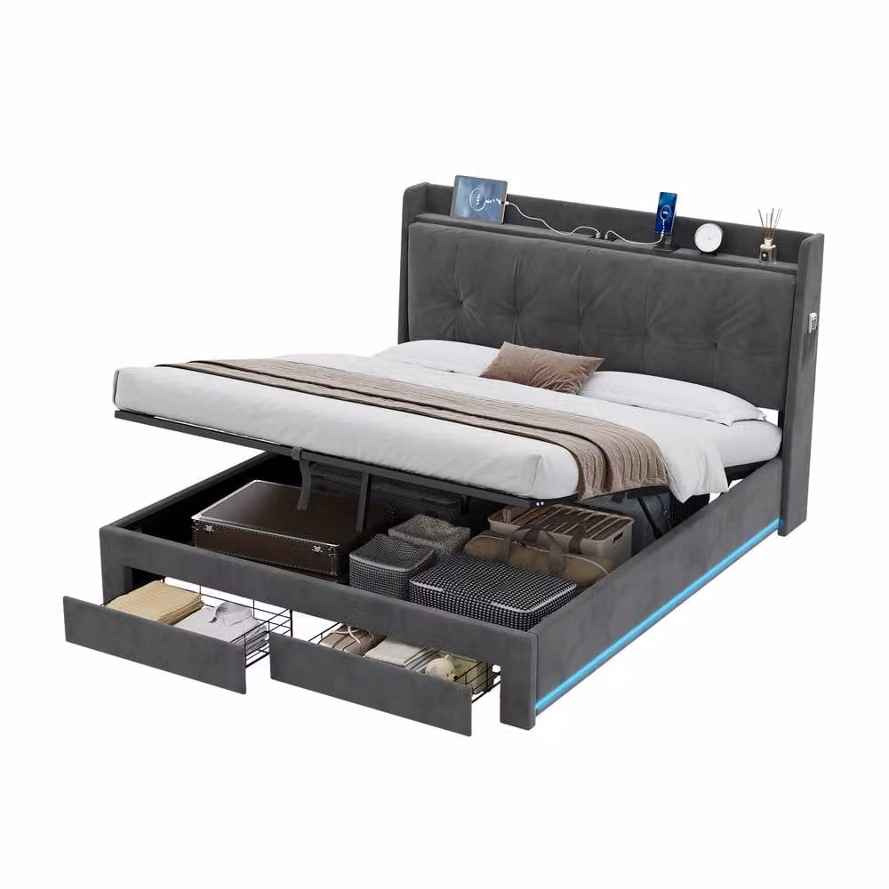 Rolipo King Size Grey Velvet Ottoman Bed Frame with LED Lighting, Storage and USB Ports, W/D/H: 180 x 200 cm – 6