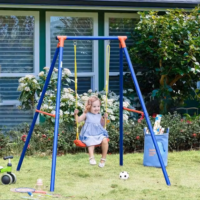 Outsunny Kids Swing Set Blue Metal A-Frame Playset with Height-Adjustable Swing