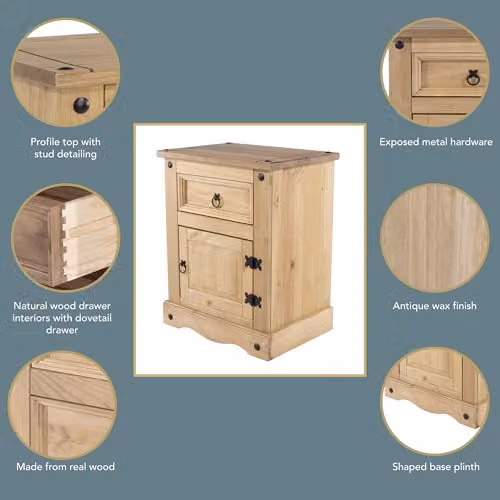 Core Products Corona Waxed Pine Bedside Cabinet with 1 Door and 1 Drawer in Brown – 3