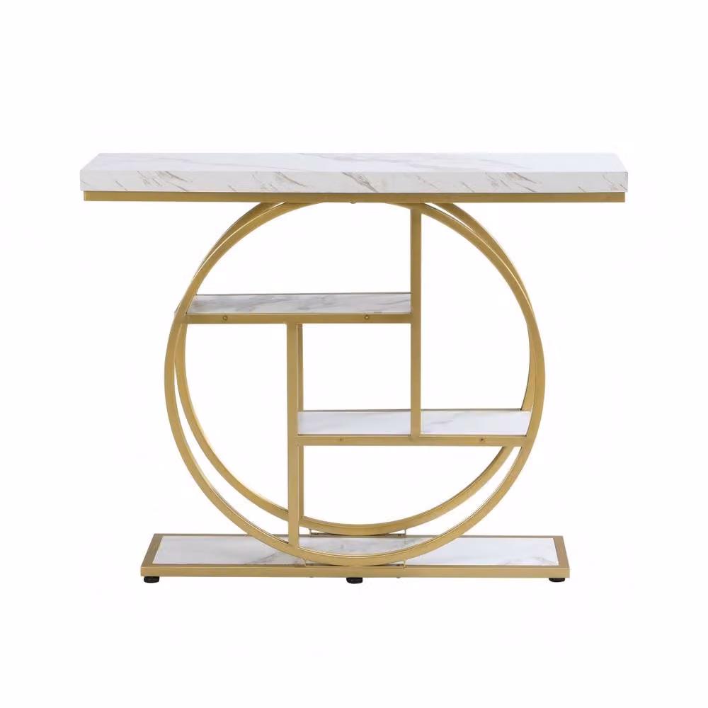 Mona Vale Furniture 4-Tier White Marble and Metal Console Table with Circle Frame for Hallways and Living Rooms – 2