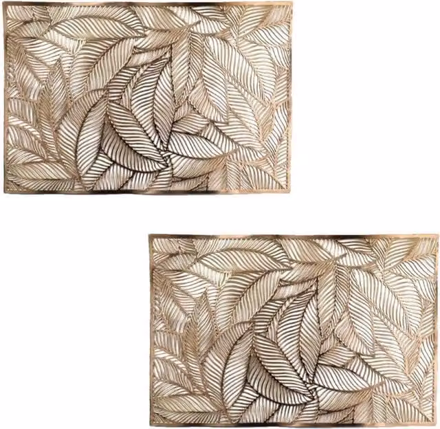 Homescapes Set of 2 Floral Rectangular PVC Placemats in Gold and Yellow, W/D/H: 45 x 30 x 0.2 cm