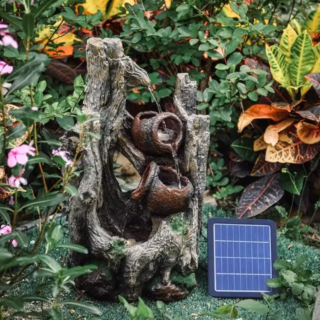 Livingandhome Grey Tree Stump and Pottery Jars Solar Water Feature Cascade Tabletop Resin Ornament