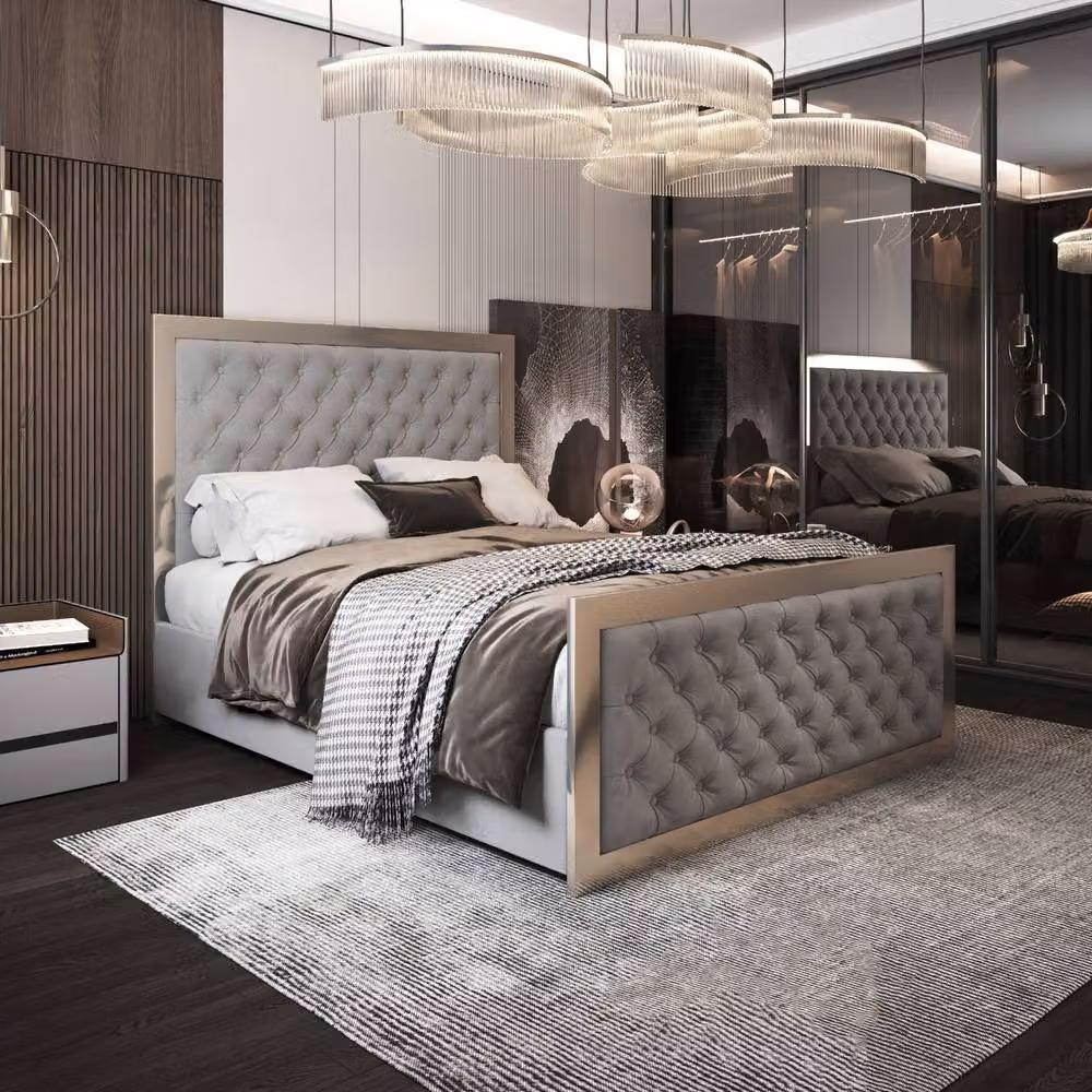 Casani Lapworth Super King Upholstered Velvet Bed Frame in Grey and Black with Metal Details, W/D/H: 200 x 200 cm – 2