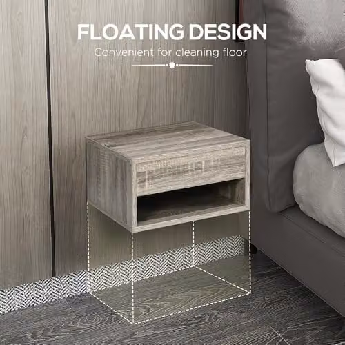 HOMCOM Set of 2 Wall Mounted Floating Nightstands with Drawer and Open Shelf in Grey – 3