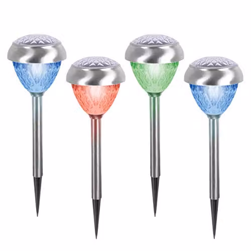 GardenKraft Diamond Cut Solar Path Lights, 4 Pack, Silver Stainless Steel, Multicolour LED, Height: 37 cm