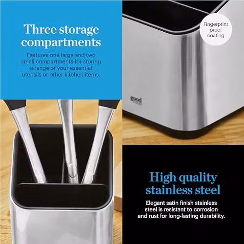Tower GF826192 Stainless Steel Utensil Holder with Silicone Anti-Slip Base in Grey and Silver – 6