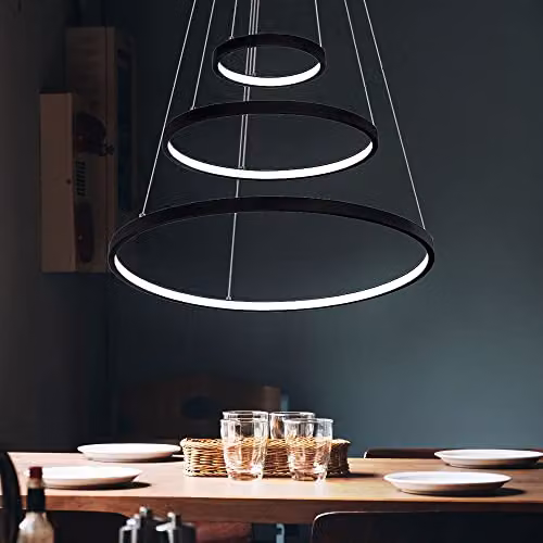 Globo Lighting Ralph Triple Ring LED Pendant Light, Black, Dimmable, Warm White, Height: 120 cm, Width: 57 cm, Depth: 51 cm – 5