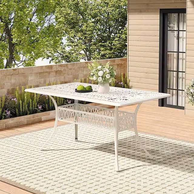 Livingandhome Rectangular Outdoor Dining Table with Hollow Top and Umbrella Hole in Beige and White Metal