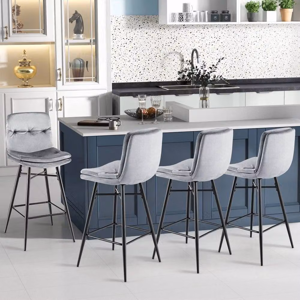 Kelvenix Grey Velvet Bar Stools with Metal Base – 4
