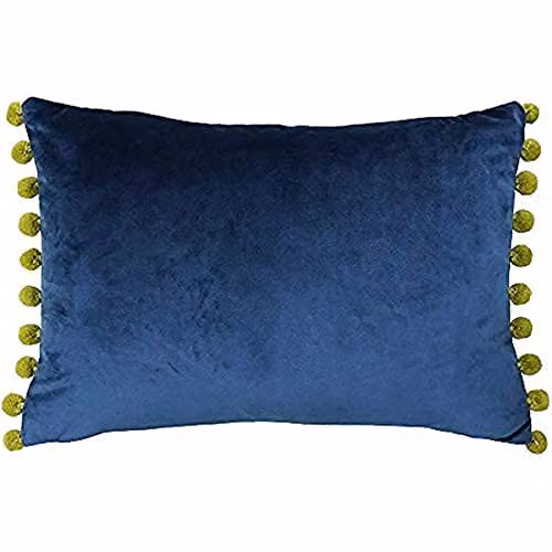 Paoletti Fiesta Rectangular Velvet Cushion with Pom Pom Trim in Blue and Yellow, W/H: 50 x 35 cm – 1