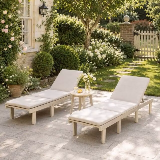Direct Wicker Acacia Wood Adjustable Twin Lounge with Side Table in Cream