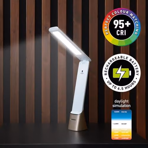 Daylight Company Smart Go Portable LED Task Lamp, White, Rechargeable and Dimmable with 95+ CRI – 3