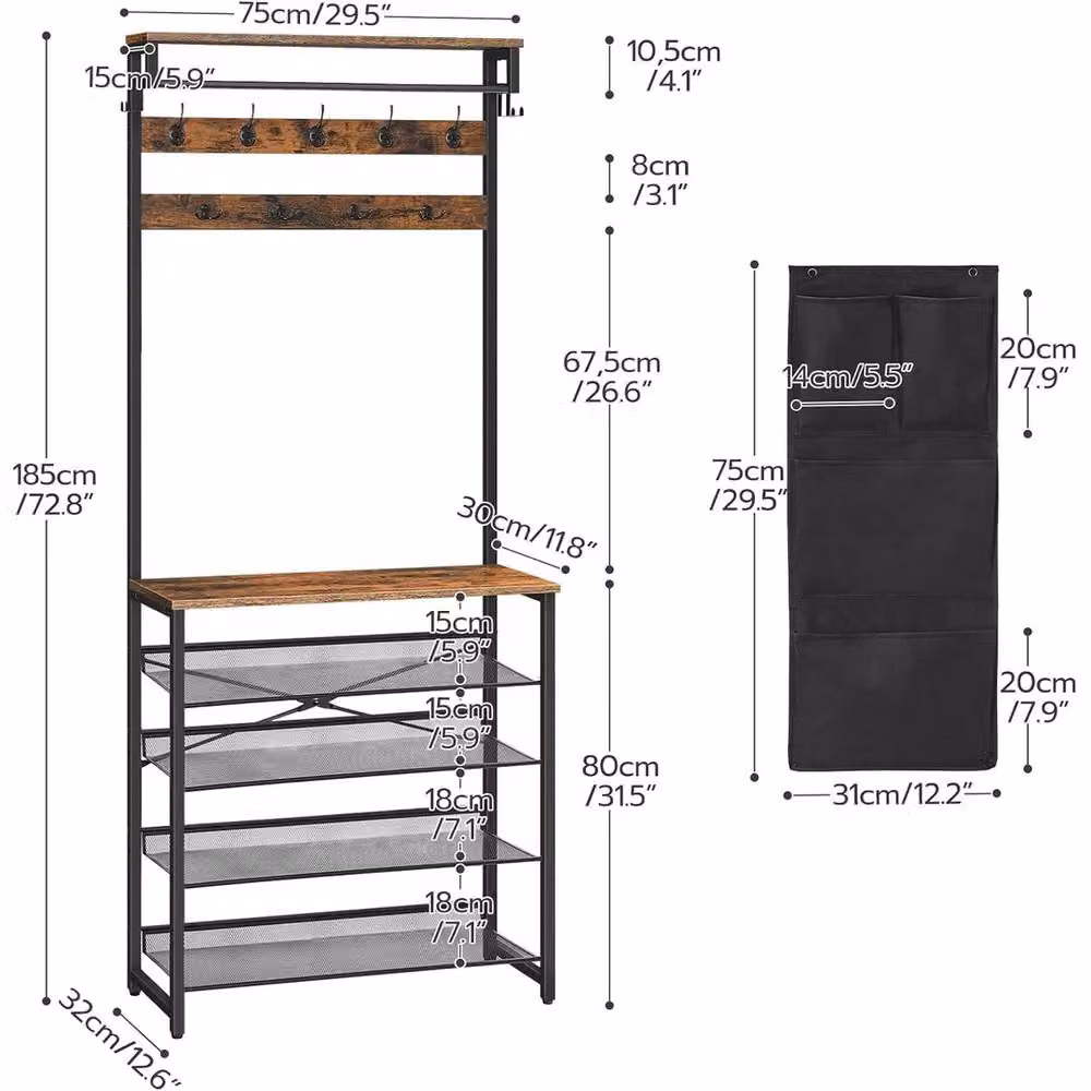 NESTLUNE Hall Tree Coat Stand with Shoe Storage Bench in Brown – 2