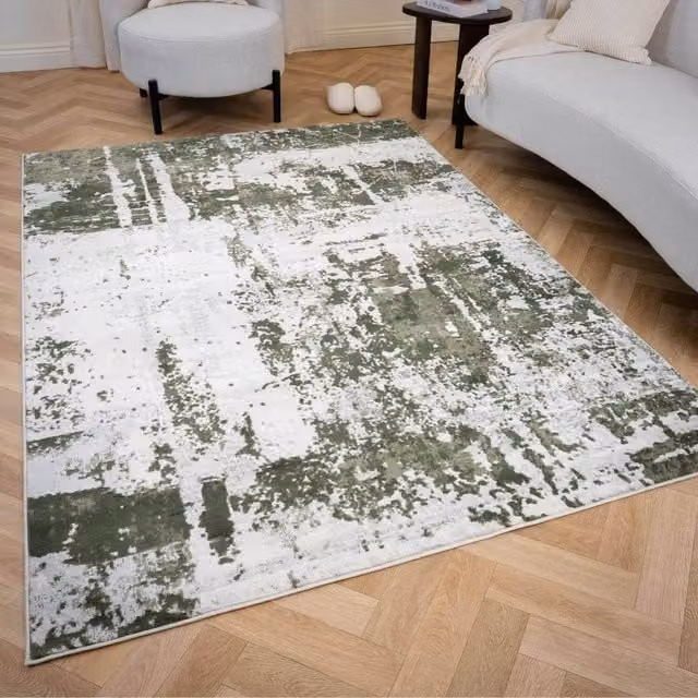 THE RUGS Elaris Stain Resistant Abstract Distressed Living Room Area Rug in Green, W/D: 120 x 170 cm