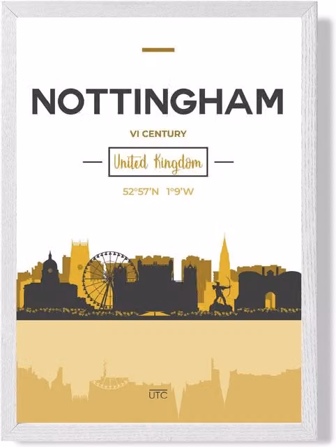 ARTZE Nottingham Yellow and Black City Skyline Framed Paper Poster with White Frame