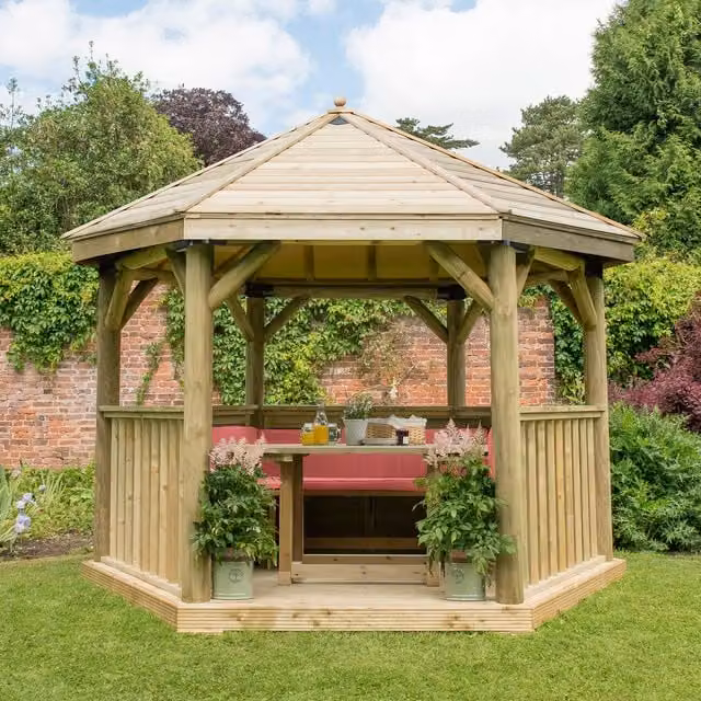 Forest Hexagonal Garden Gazebo in Red with Pine and Cedar Wood and Metal Construction, 3.6 m