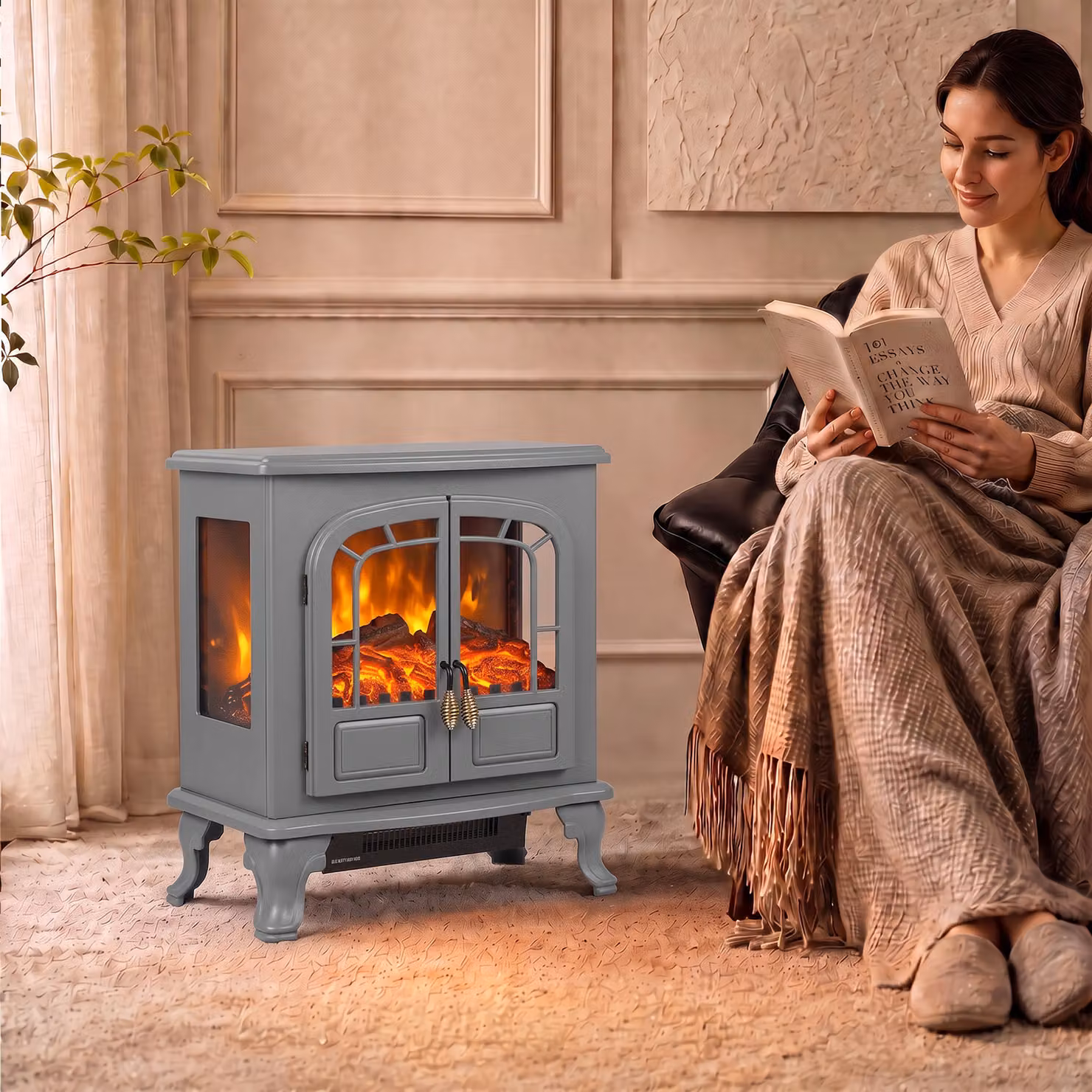 HOMCOM Freestanding Electric Fireplace Stove Heater with LED Flame Effect in Grey – 2