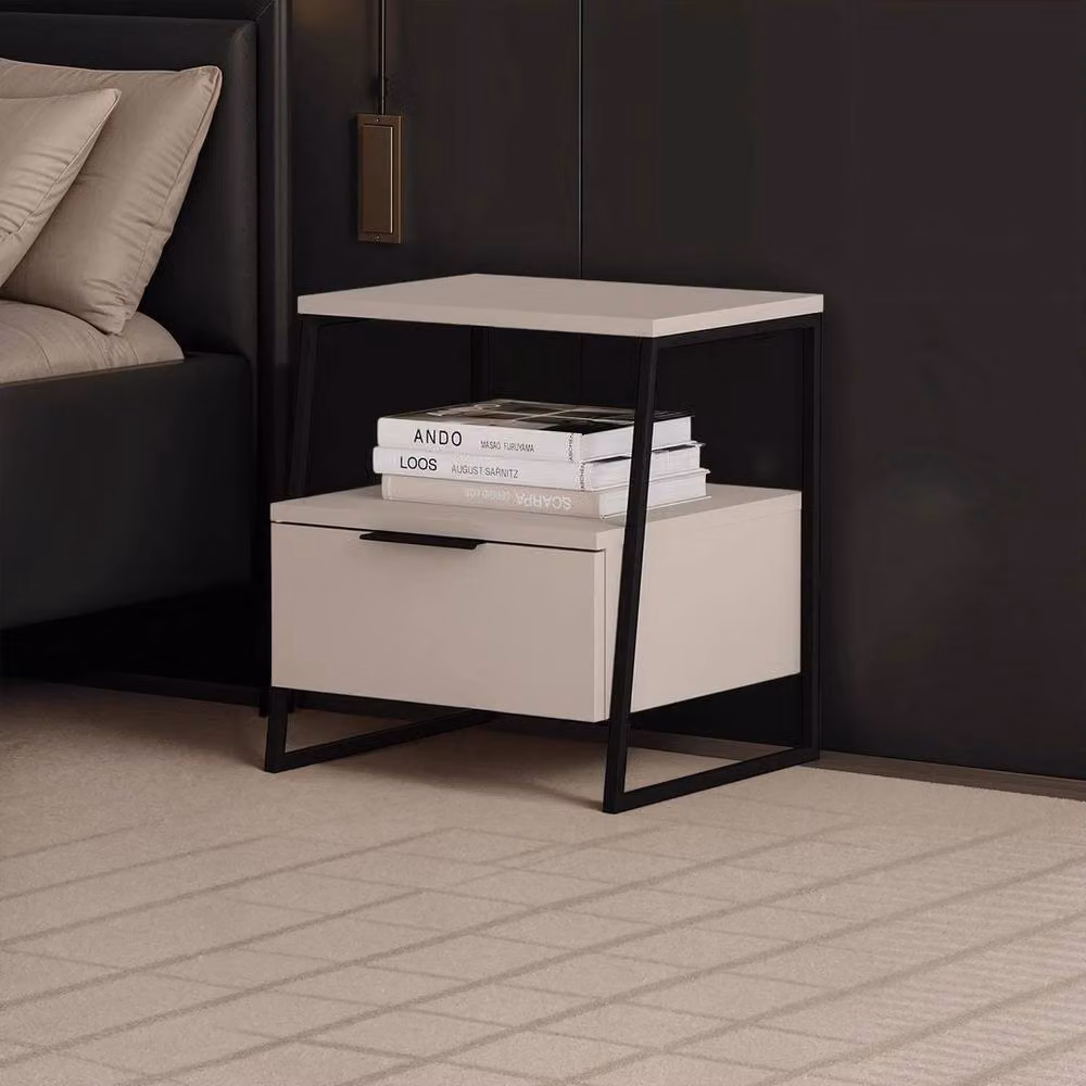 VOGREX Sandstone 1 Drawer Nightstand with Black Metal Frame in Beige – 3