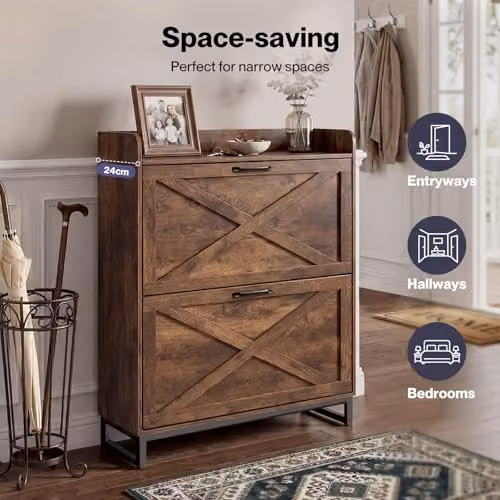 Levede Slim Shoe Cabinet with 2 Tilting Drawers and Internal Shelves, Brown Walnut Wood Colour, H 80 x W 100 x D 24 cm – 4