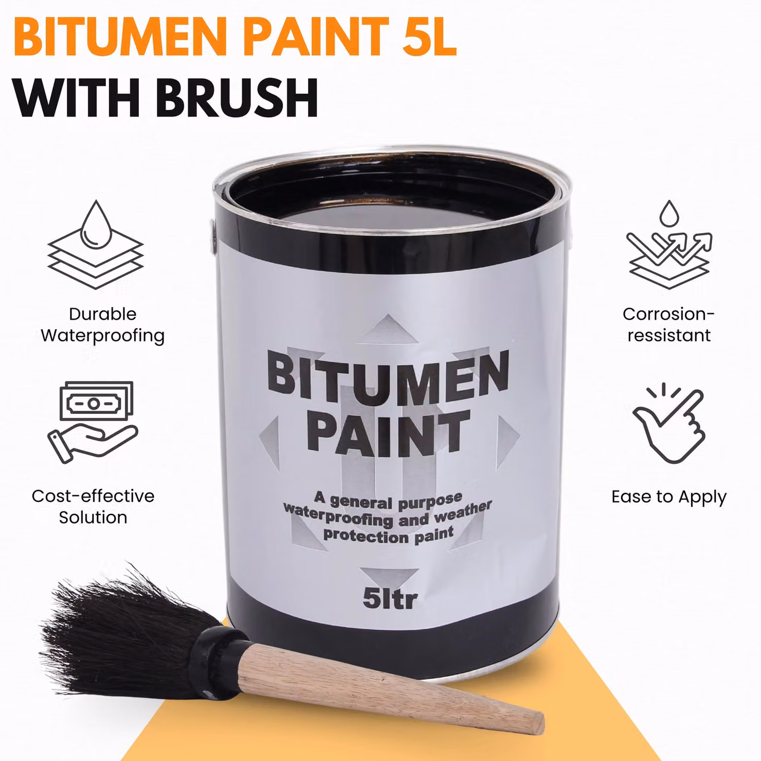 Novecrafto Black Solvent Based Bitumen Paint 5L with Brush for Waterproofing Metal and Outdoor Surfaces – 3
